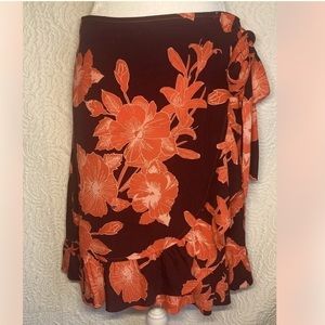 ICHI Japan Red Hawaiian Tropical Flowers Ruffle Edge Wrap Over Short Skirt Small